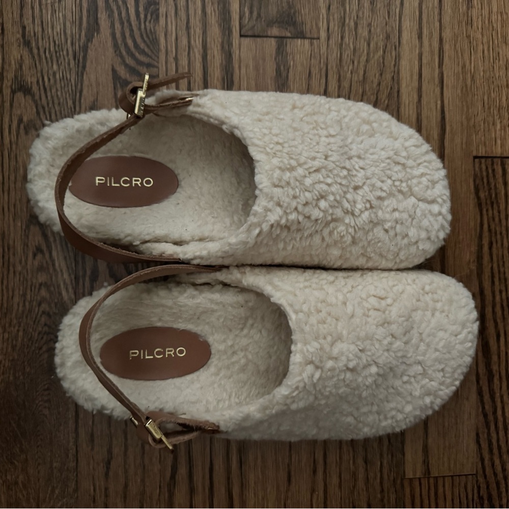Pilcro Beige Fuzzy Clogs with Brown Strap